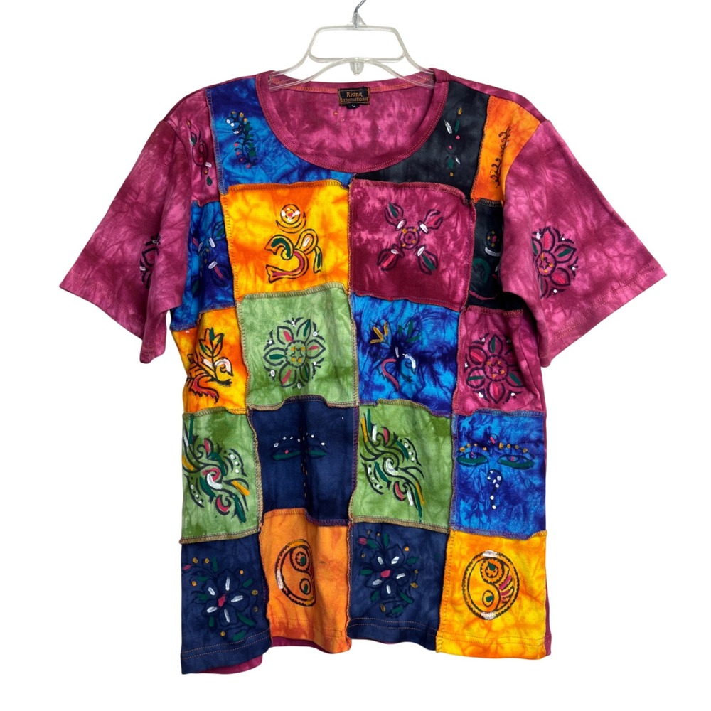 y2k 90s Patchwork Top Womens Large L Colorful Tie Dye Boho Painted Art Om Shirt